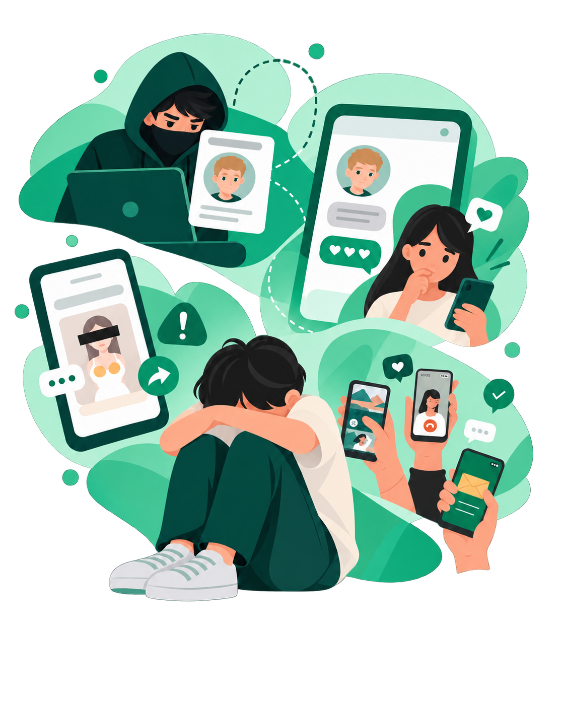 Personajes ilustrados ante la suplantación de identidad, la presión y la difusión de imágenes en internet.