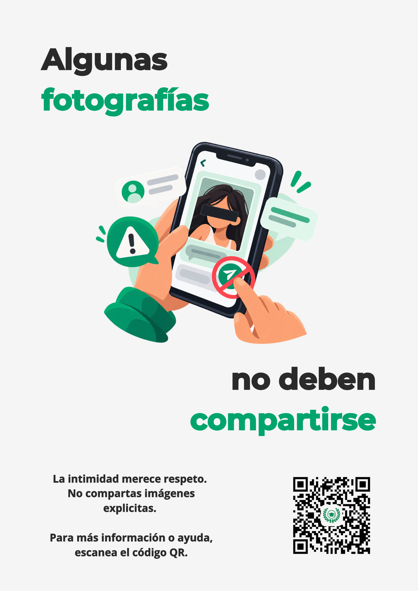 Flyer: Algunas fotografías no deben compartirse. Una mano detiene el envío de una fotografía.