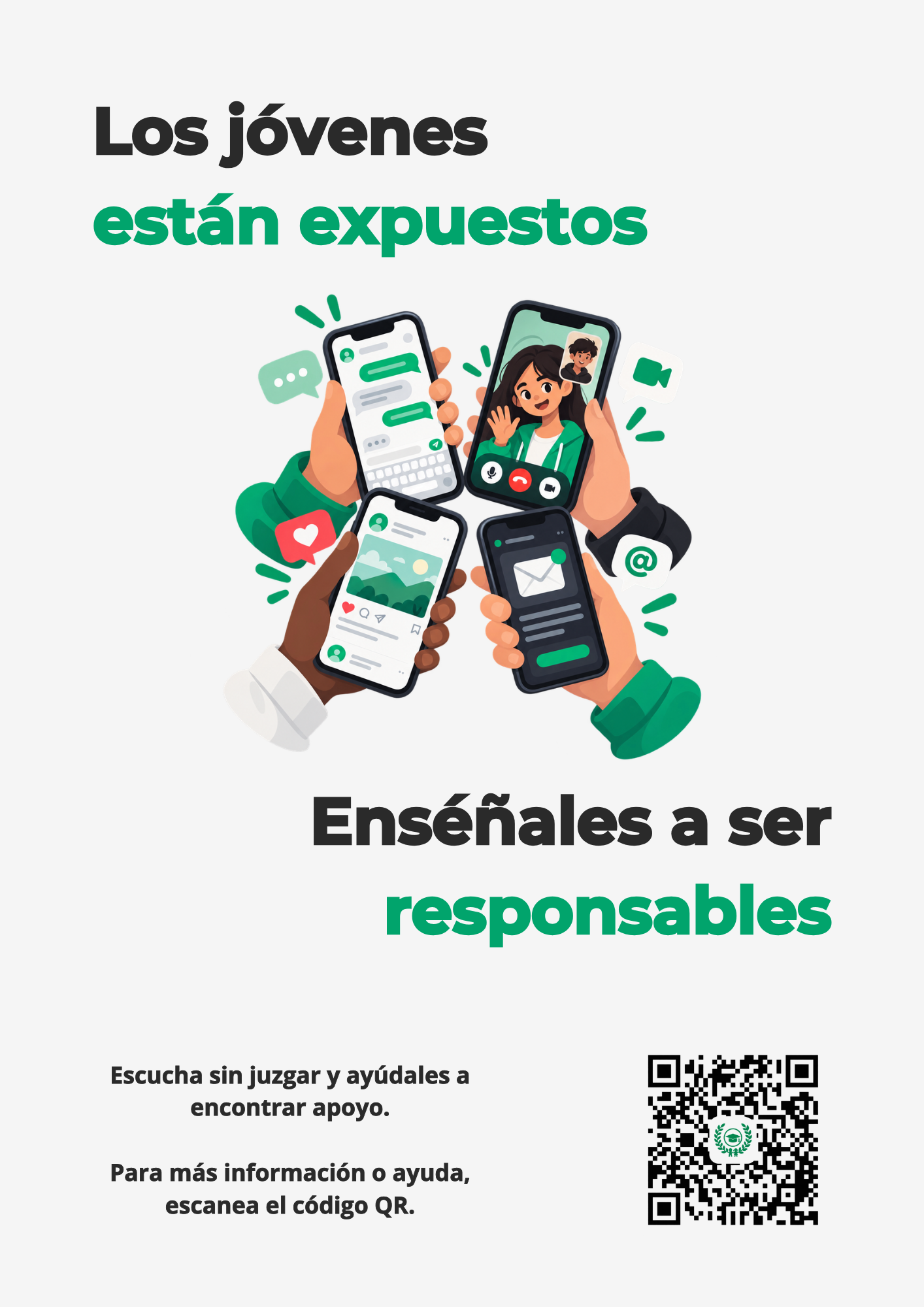 Flyer: Los jóvenes están expuestos. Enséñales a ser responsables. Varias personas usan teléfonos para comunicarse.